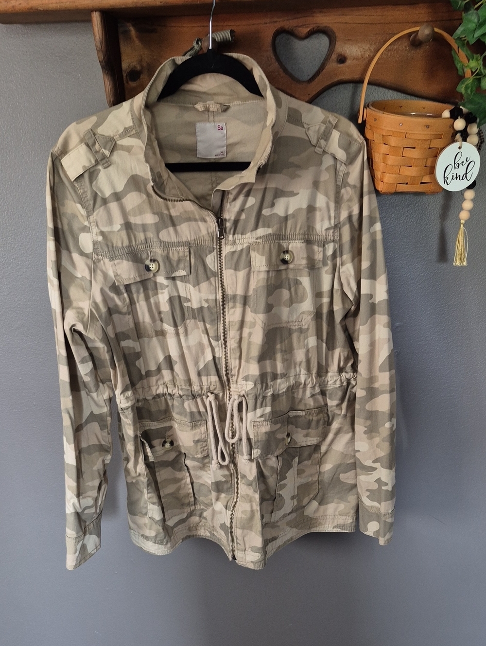 SO Beige Camo Utility Jacket with Drawstring Waist New No Tags.